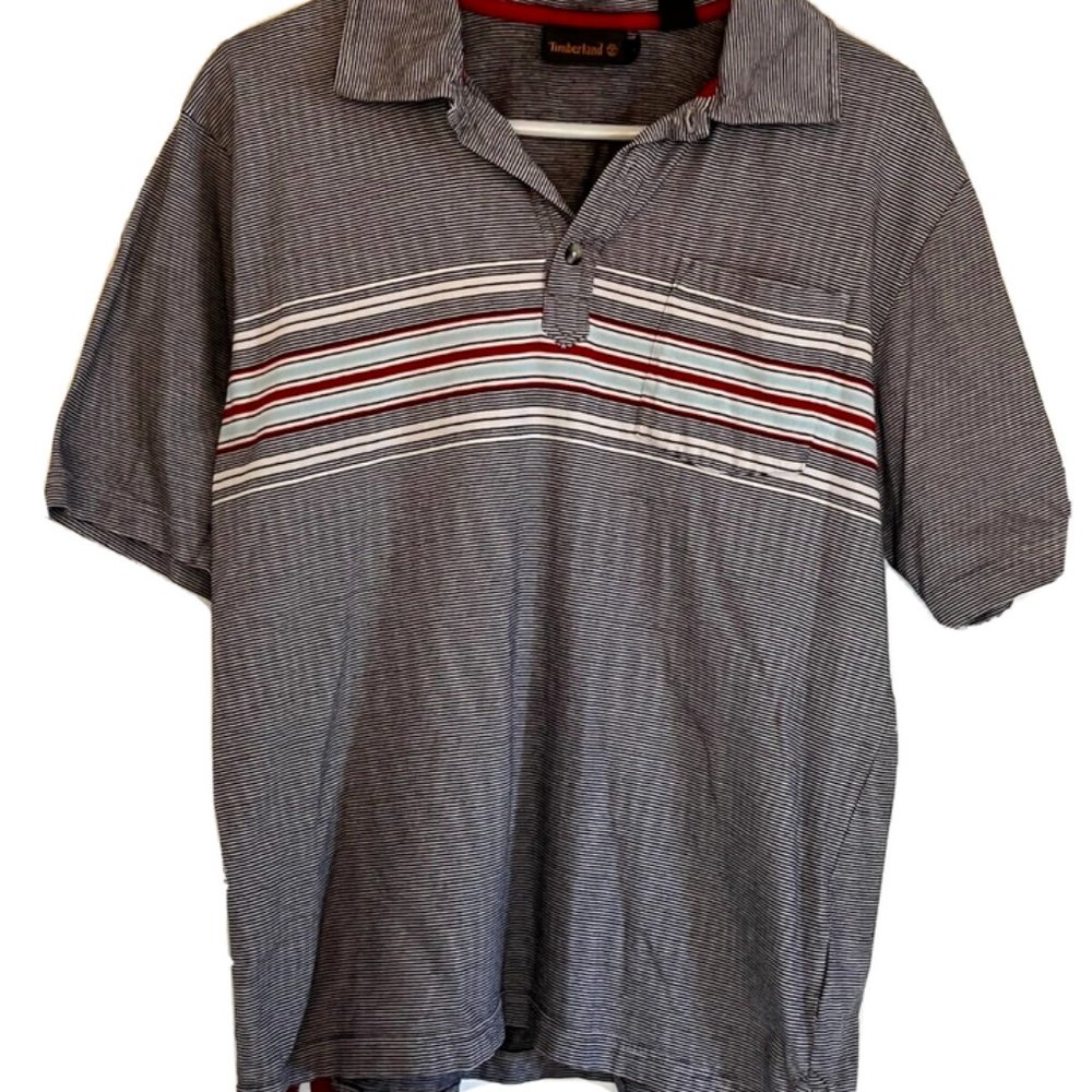 Timberland Men’s Black & White Striped Polo Shirt Large